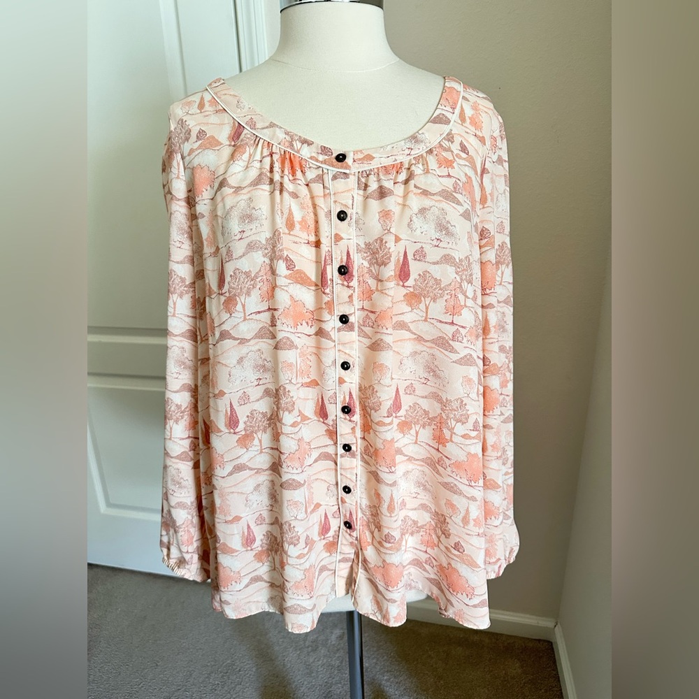 ModCloth Peach Button Down Scoop-Neck, Button-Down, Long Sleeve Blouse Size 2X